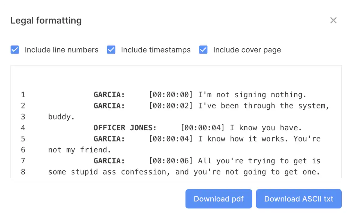 Screenshot showing Reduct's legal format export option with line numbers and exact timstamps