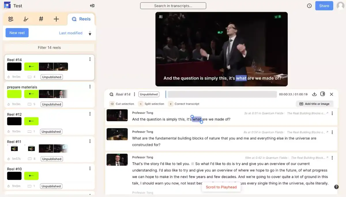 Snapshot of Reduct's machine-generated transcript in sync with the cc in video