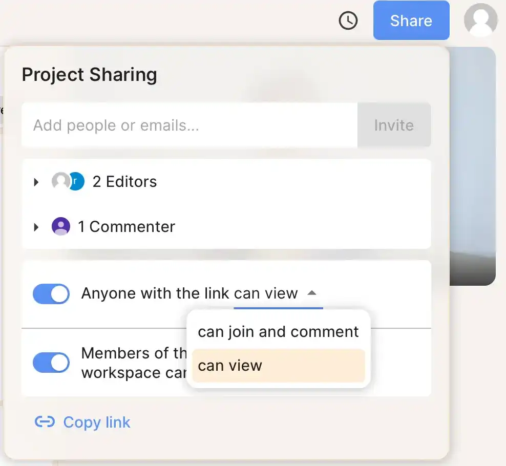 Screenshot of Reduct's project sharing option.