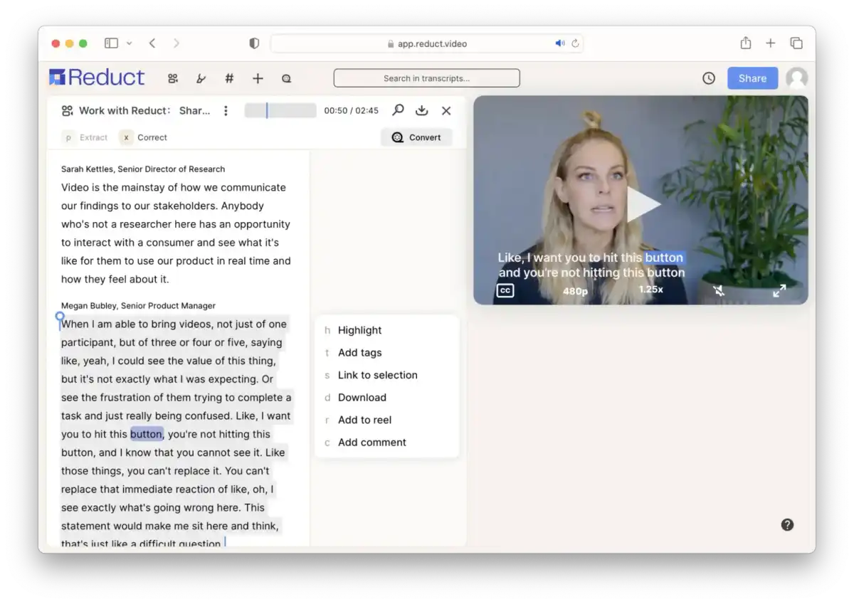 An image of Reduct.Video showing the transcription and edit features. 