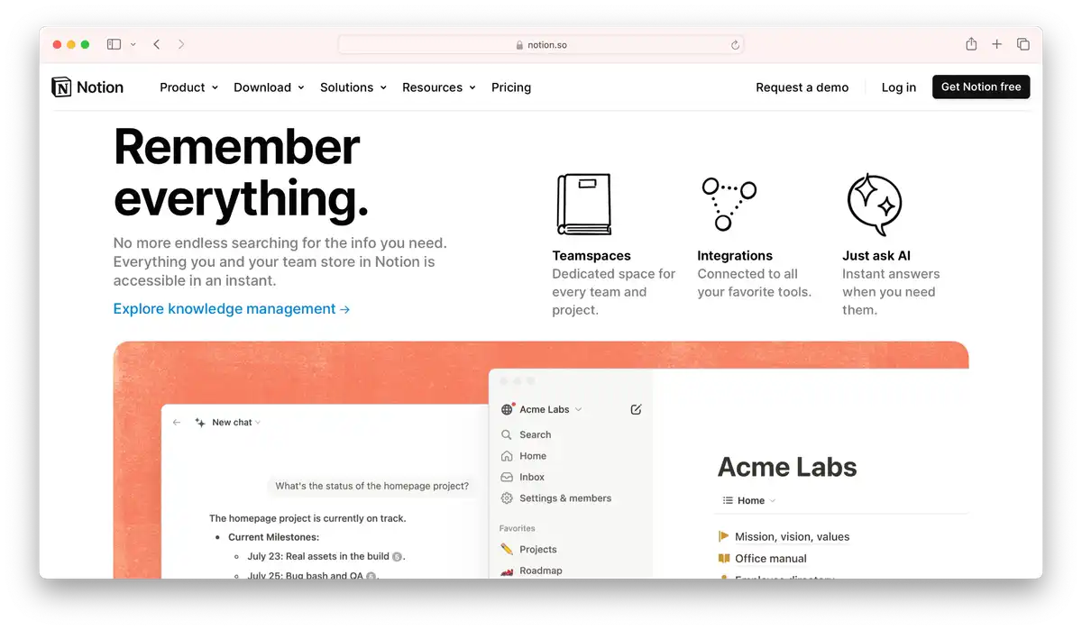 An image of Notion's homepage