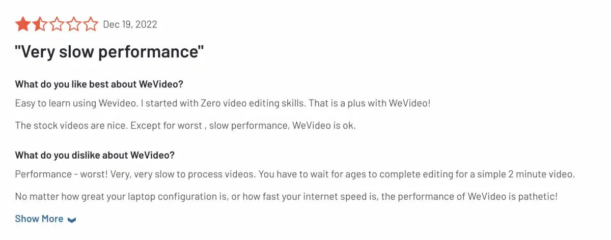 Screenshot of the negative rating of WeVideo that says WeVideo has performance issue.