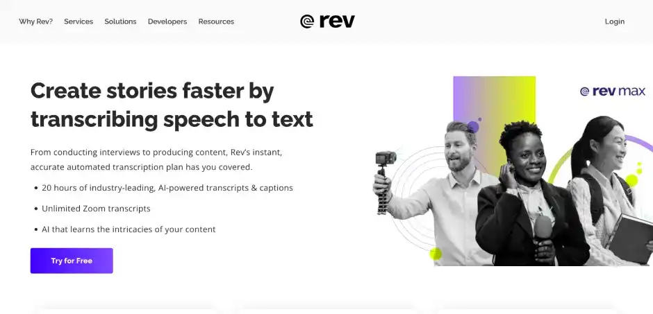 screenshot of rev landing page