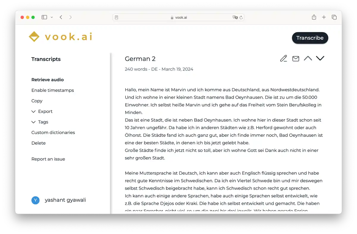 Vook German Transcript Interface