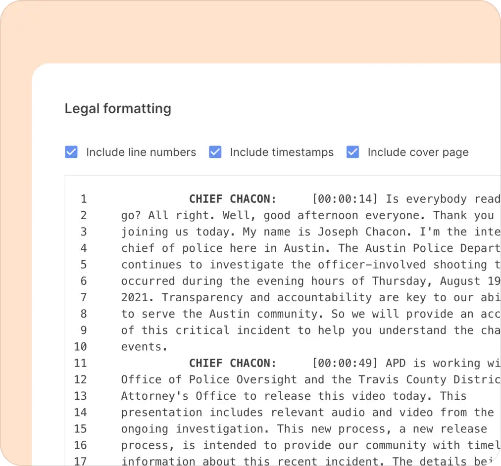Reduct's legal formatted transcript.