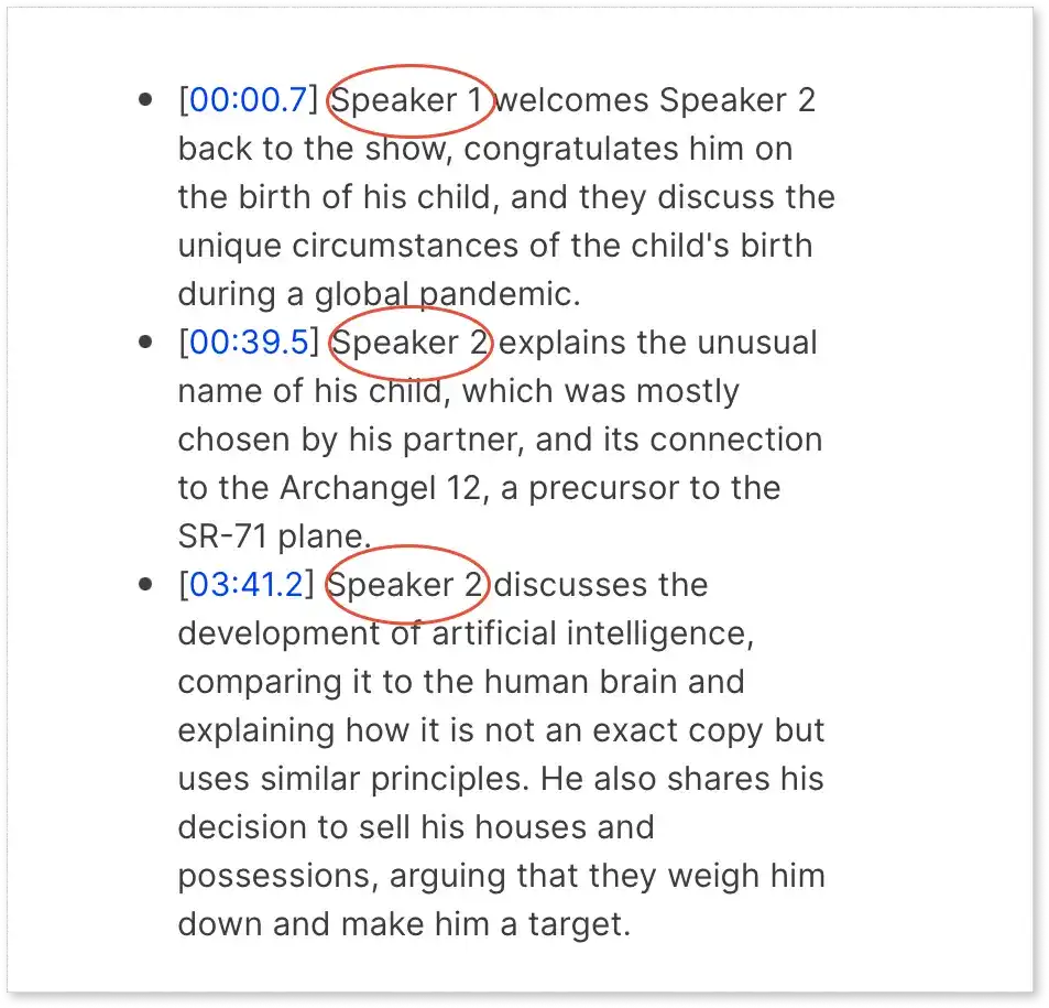 Snapshot of speaker labels generated by AI video summarizer.