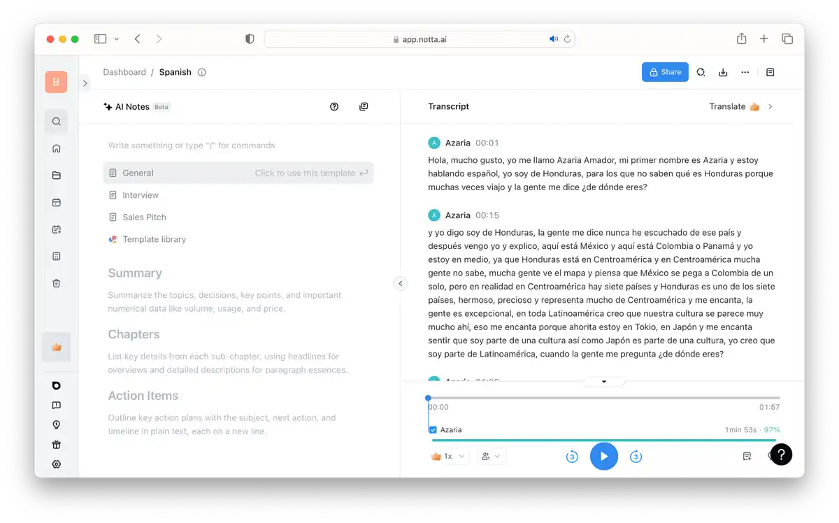 Screenshot of Notta's Spanish Transcription Interface