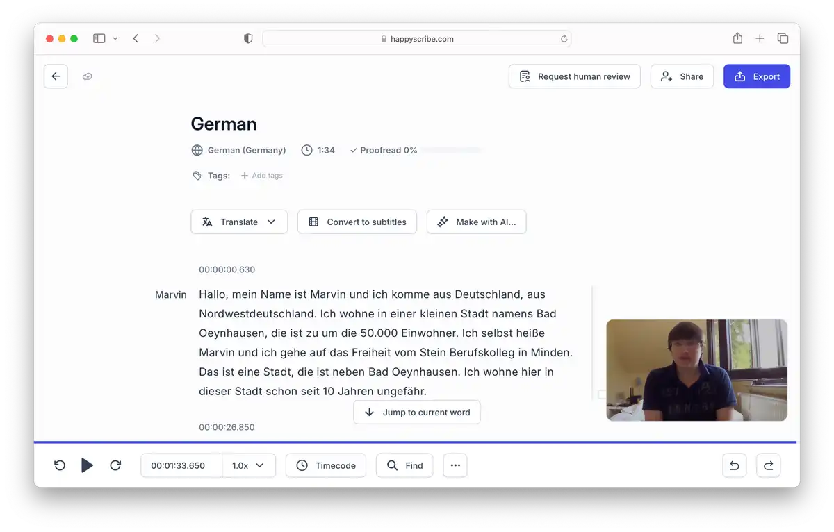 HappyScribe German Transcript Interface