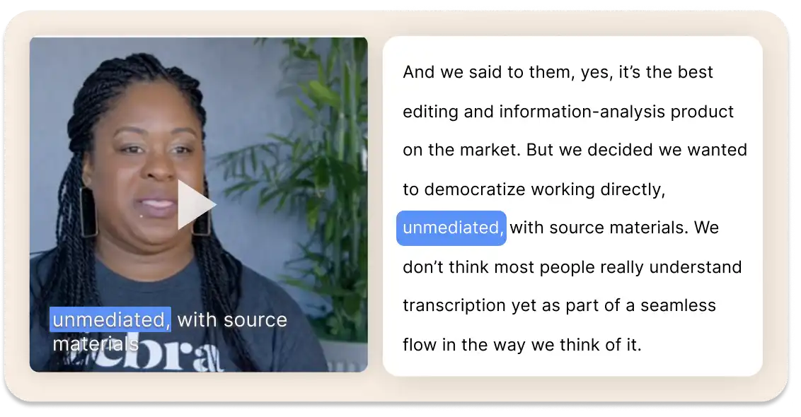 Screenshot of Reduct's AI generated transcripts that auto-sync with video
