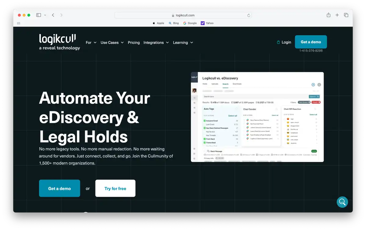 Logikcull a reveal technology homepage with UI