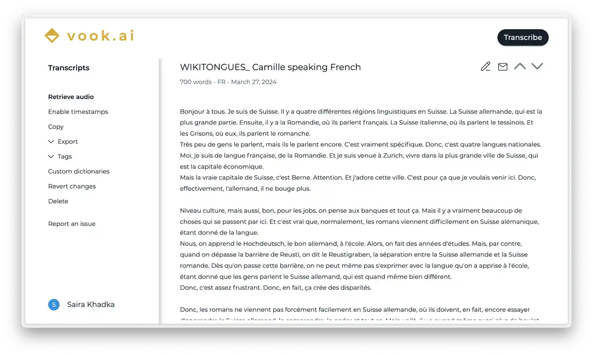 the french transcription interface in Vook