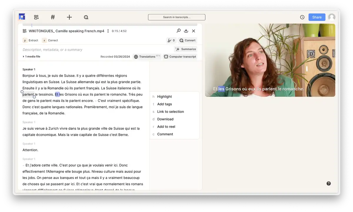 the french transcription screen in Reduct