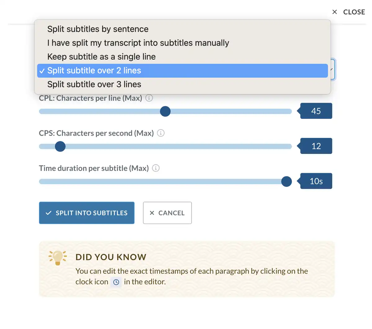 Pre subtitle creation settings in Sonix