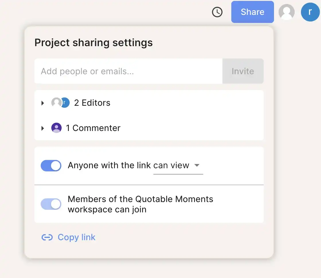 Snapshot of Reduct's project sharing options