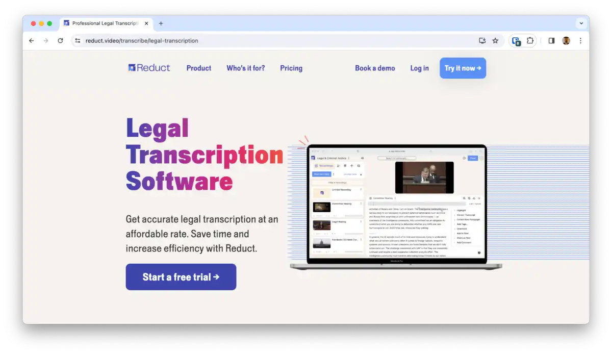 Screenshot of Reduct's Legal Landing Page