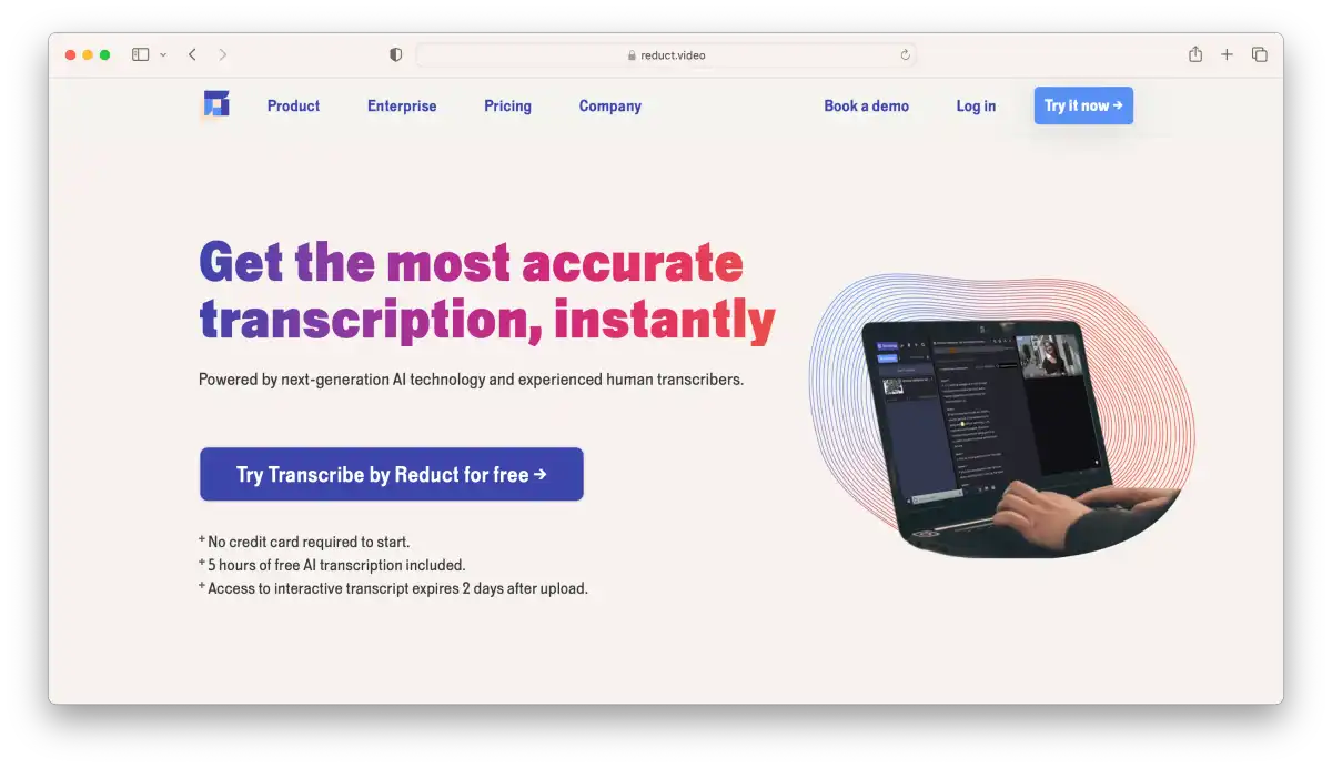 Landing page of Reduct Transcription product" title="Reduct Landing Page