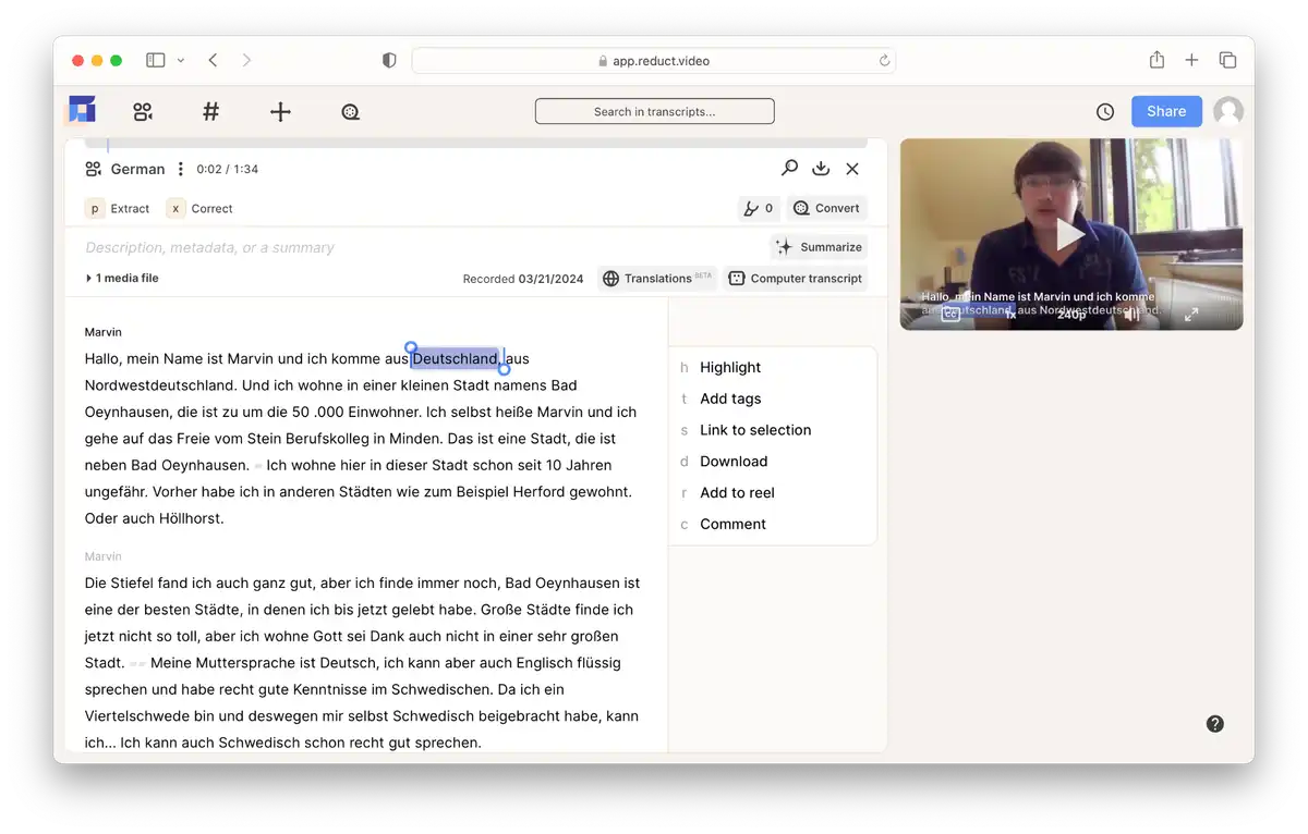 Reduct.Video German Transcript Interface