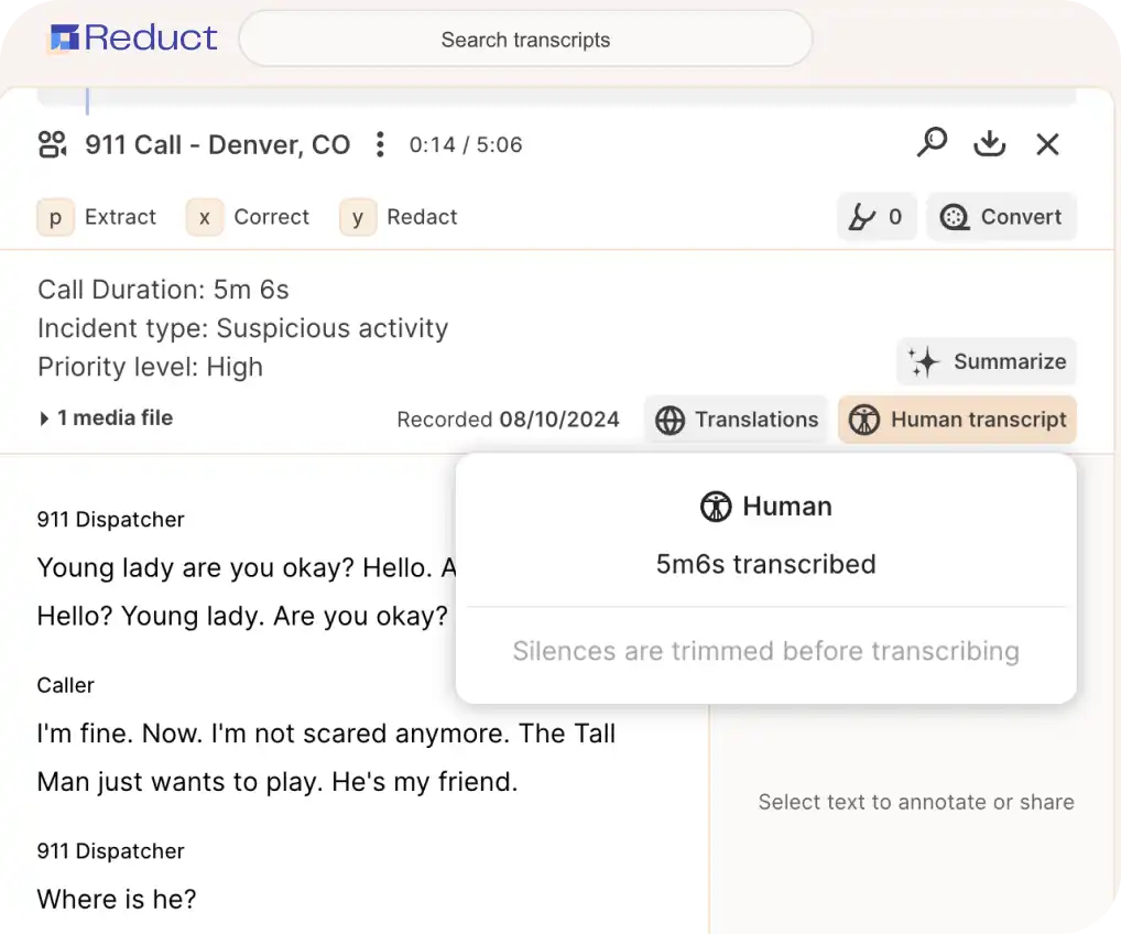Screenshot of Reduct's AI to human transcription update feature
