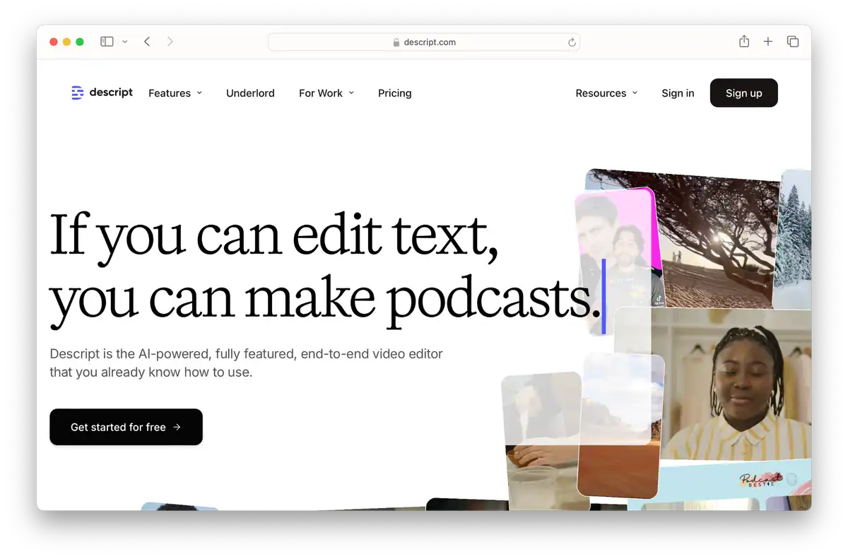 Screenshot of Descript's landing page
