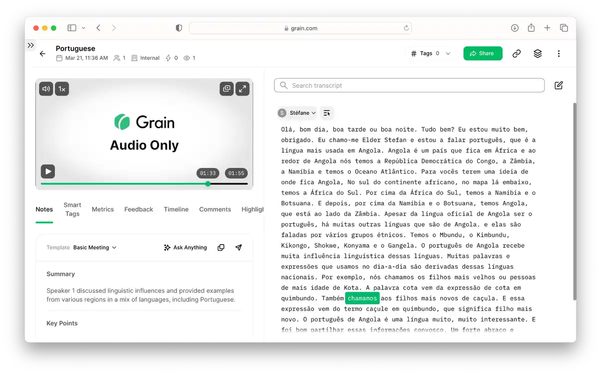 Grain transcript interface