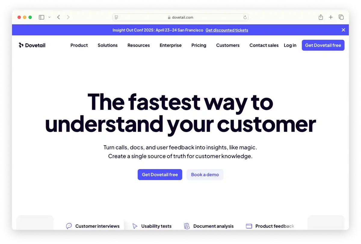 screenshot of Dovetail landing page