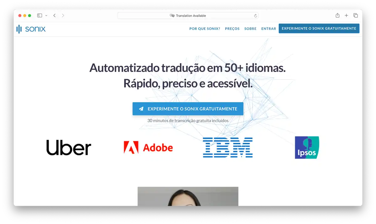 Sonix page in portuguese language