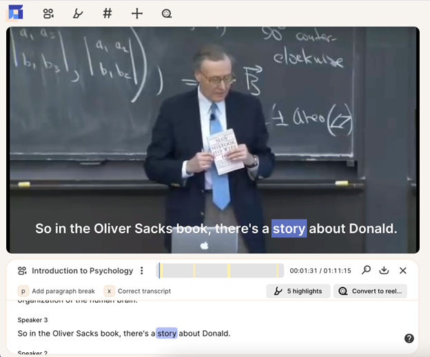 Snapshot of Reduct's auto-generated transcript with embedded closed caption