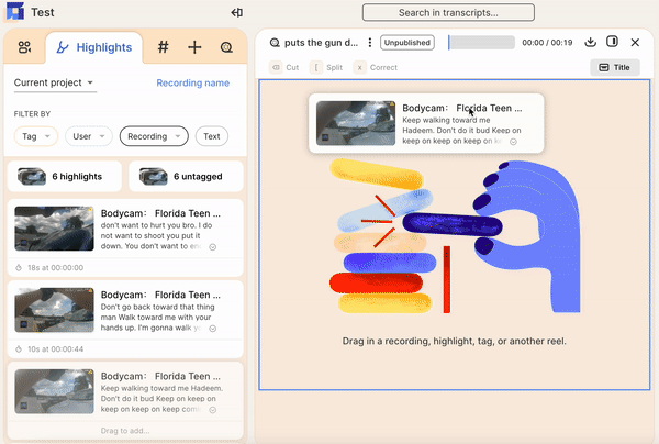 Gif showing reels being complied in Reduct's reel-builder